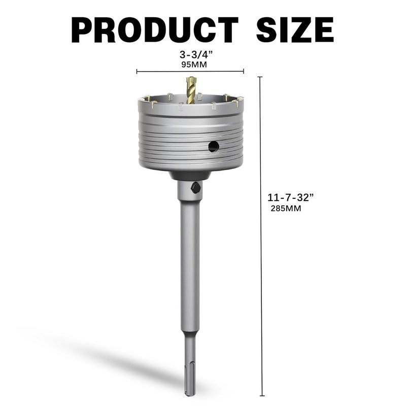 METOTO 3-3/4" Concrete Hole Saw,95mm Masonry Hole Saw, with 220mm SDS Plus Shank Connecting Rod for Concrete Brick Cement Stone Wall Drilling Home Improvement - Image 2
